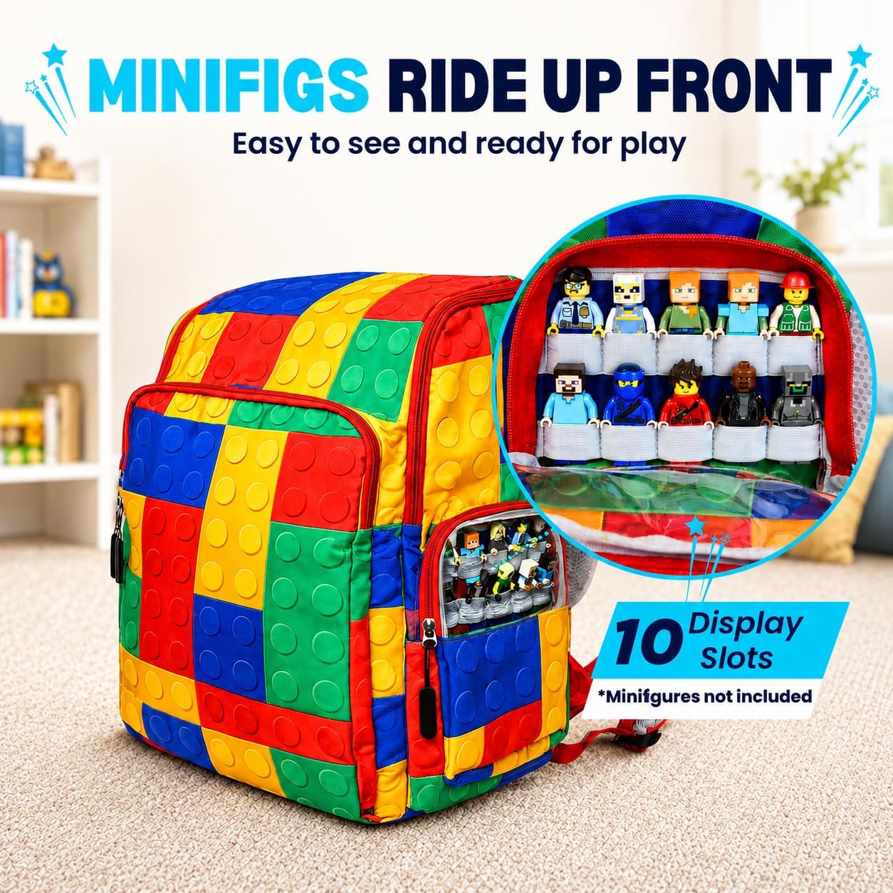 Clear BrickPack display pocket with ten minifigure loops; minifigures not included