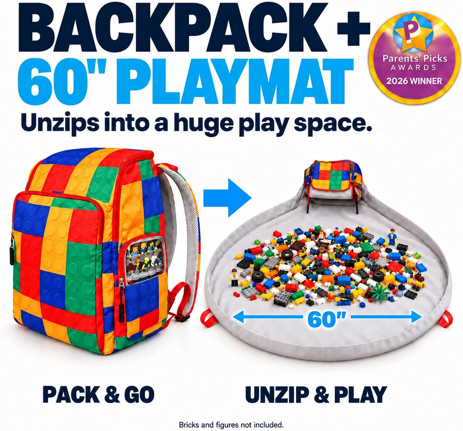 BrickPack unzips from a backpack into a 60 inch playmat, with the 2026 Parents’ Picks award