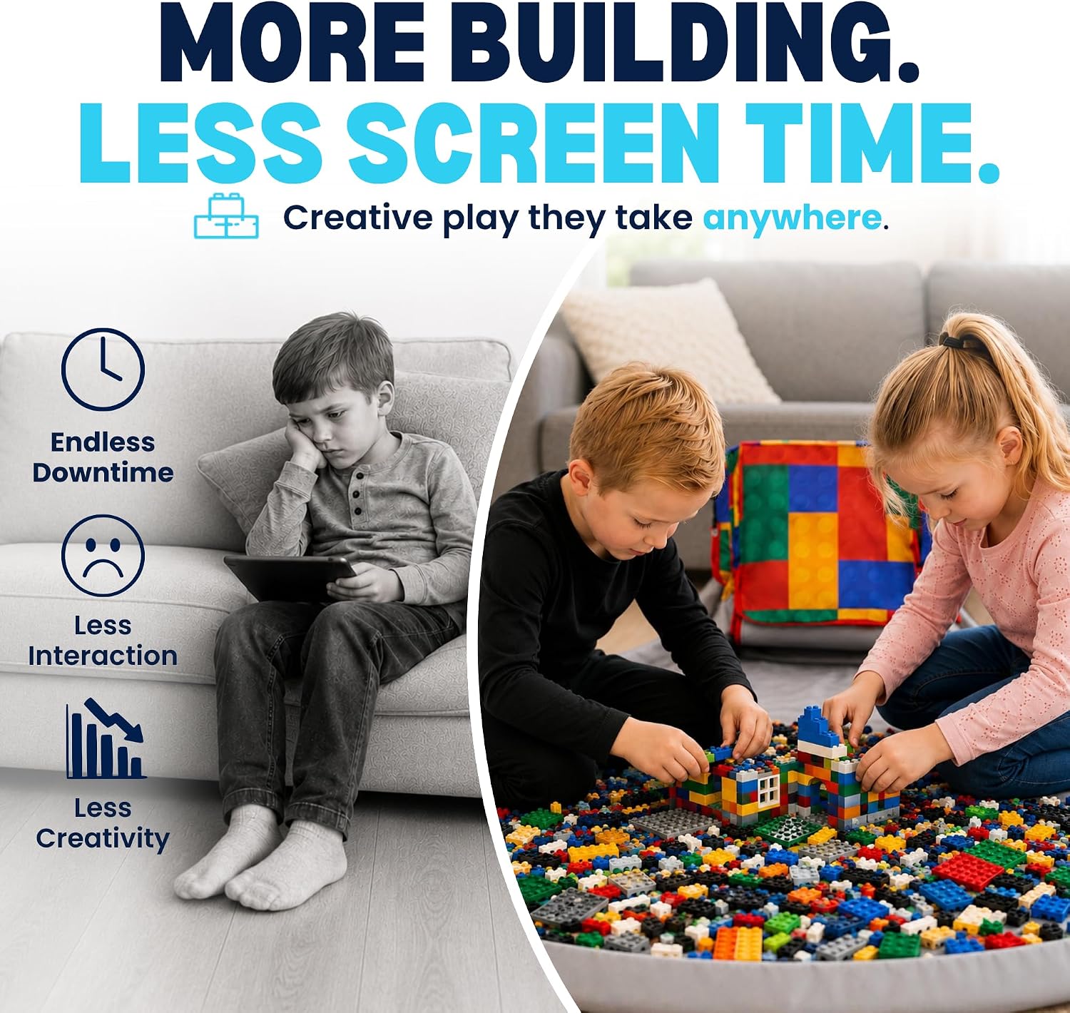 Children building together on the BrickPack playmat
