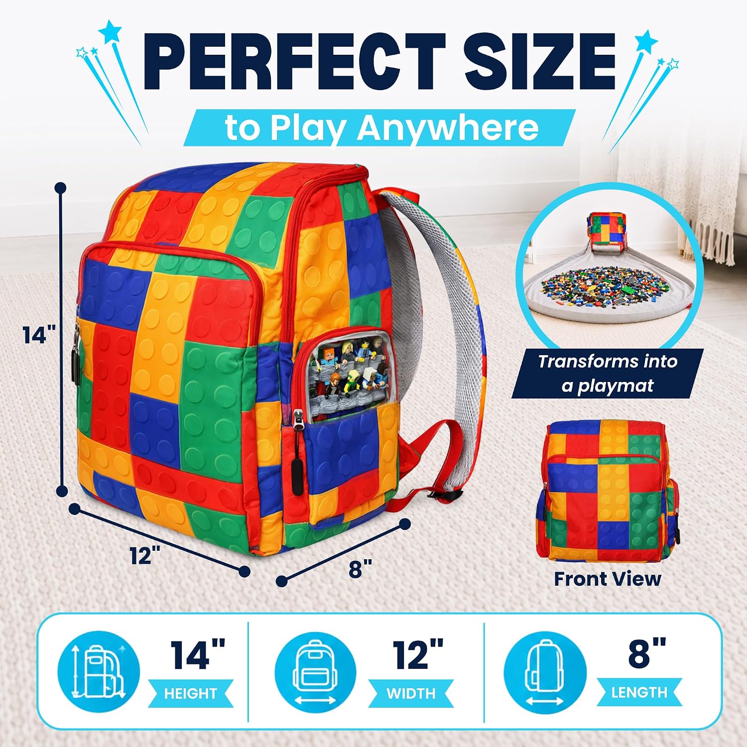 BrickPack backpack measures 14 inches high, 12 inches wide, and 8 inches deep