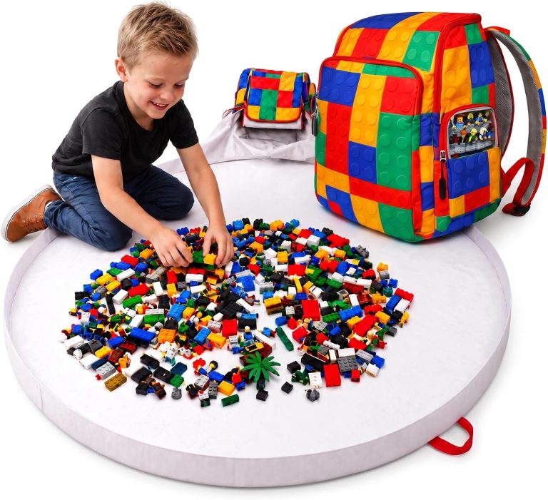 Child building on the open BrickPack playmat beside the colorful backpack