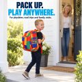 Child wearing the BrickPack backpack while arriving for a family visit