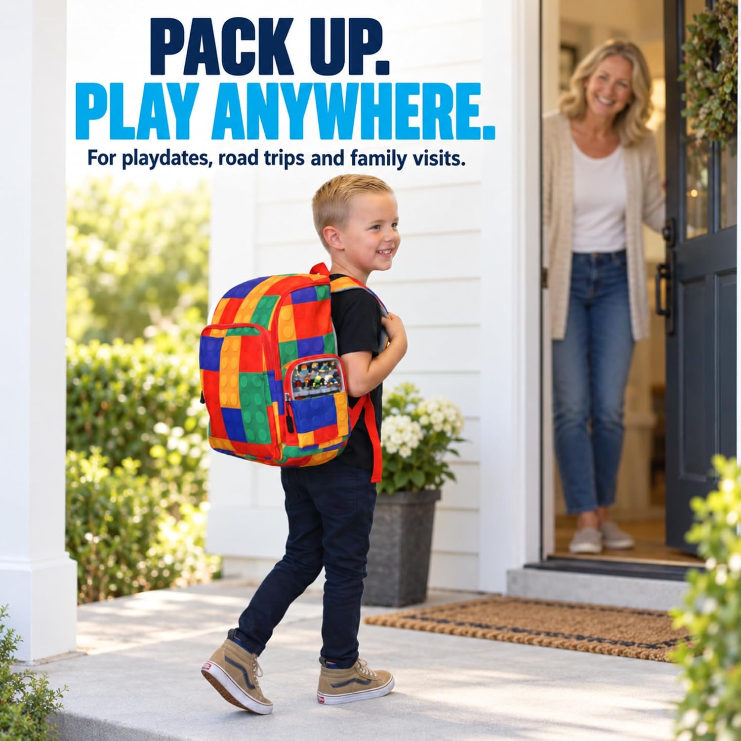 Child wearing the BrickPack backpack while arriving for a family visit