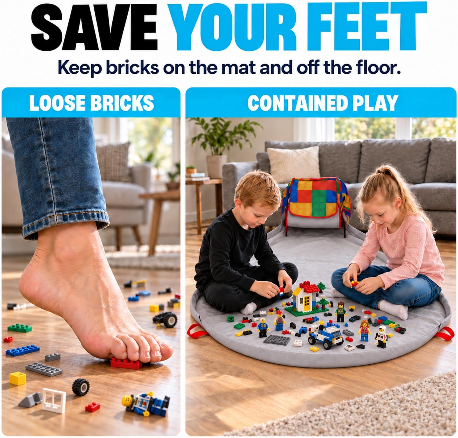 BrickPack playmat keeps loose building bricks in one play area with its raised edge