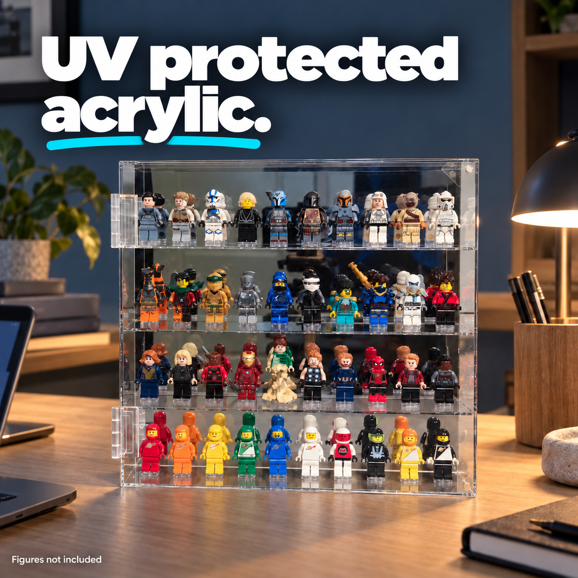 FigFortress UV-protected acrylic case with an enclosed display for minifigures. Minifigures are not included.