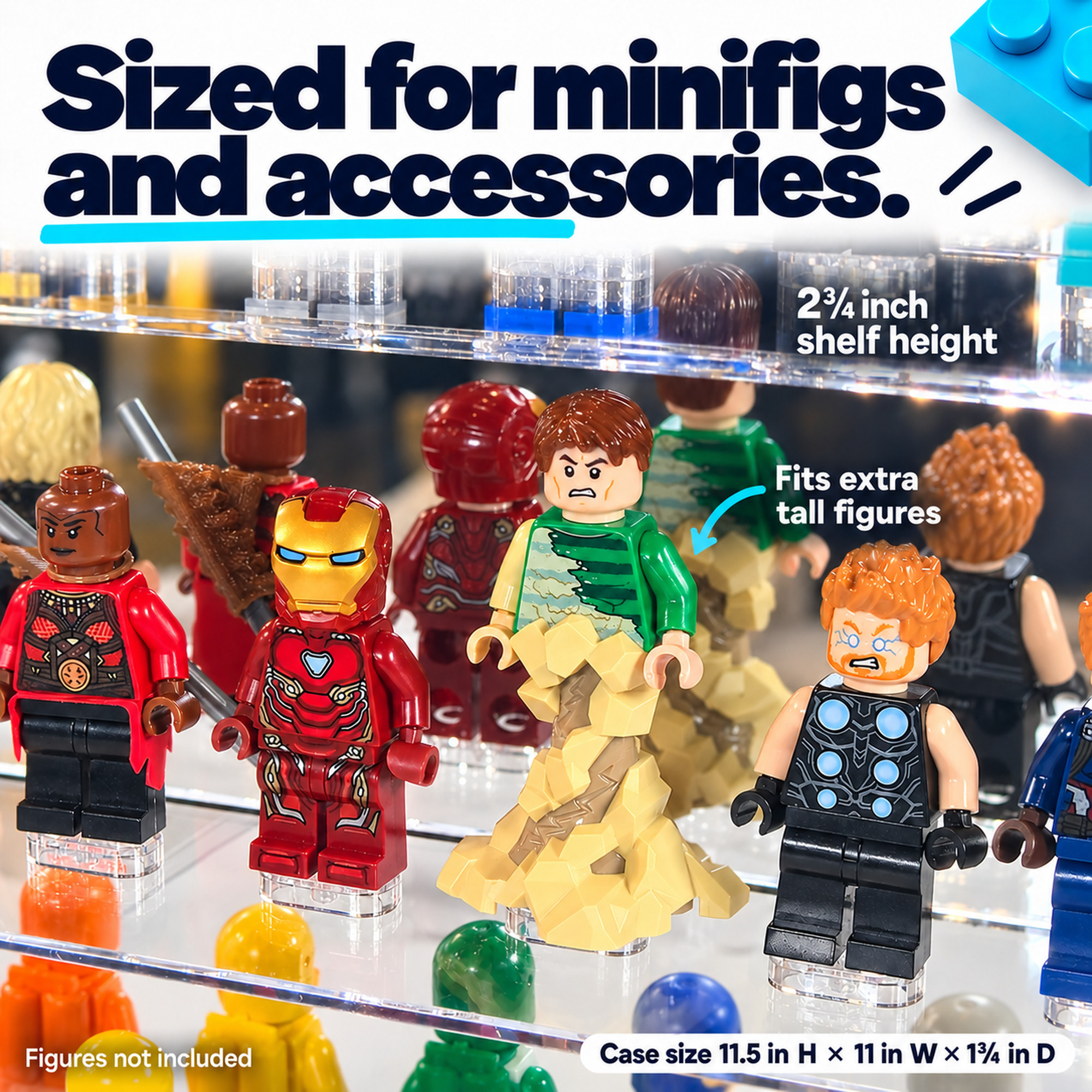 FigFortress case measures 11.5 inches high, 11 inches wide and 1.75 inches deep, with 2.75-inch shelf height. Minifigures are not included.