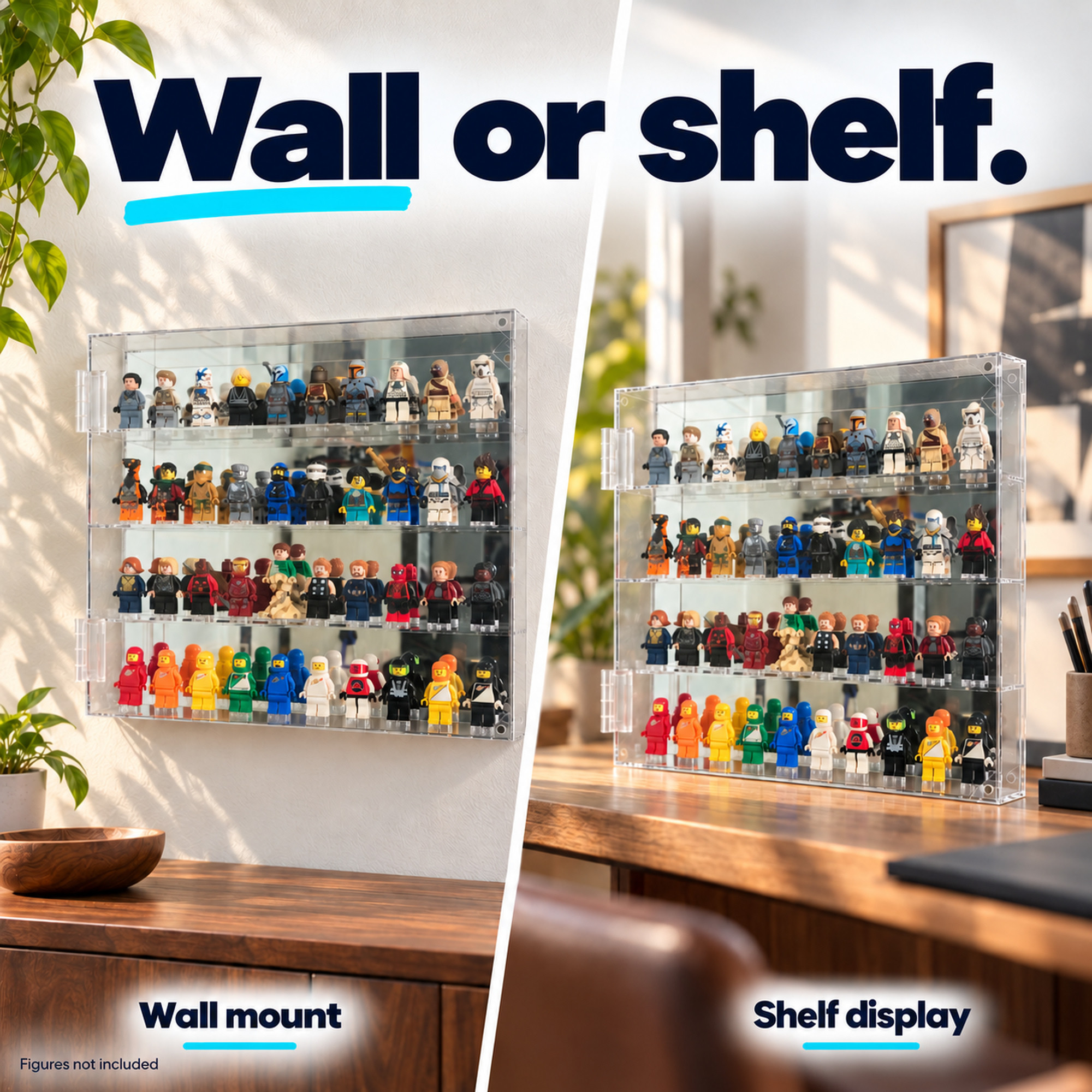 FigFortress displayed on a shelf and mounted on a wall. Minifigures are not included.