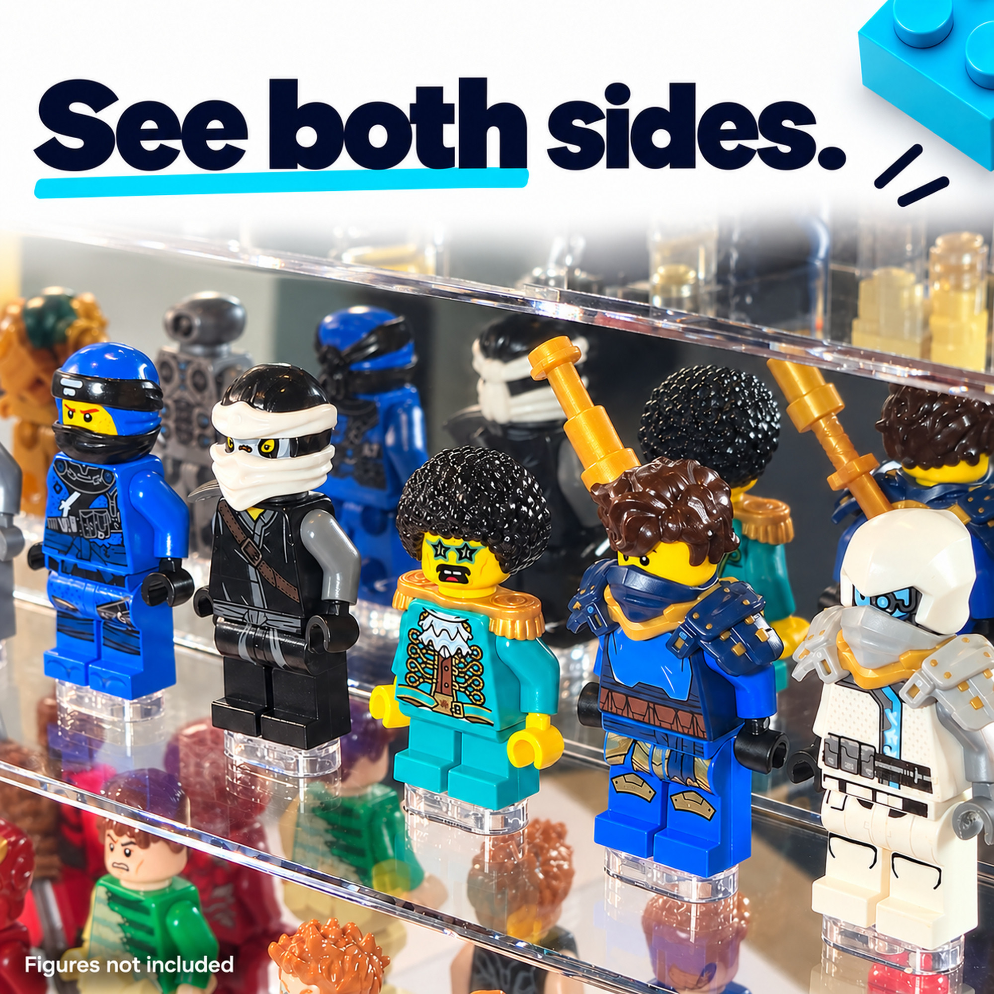 FigFortress mirrored back shows both sides of displayed minifigures. Minifigures are not included.