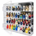 FigFortress clear acrylic display case with its front door open, mirrored back, and four rows of minifigures. Minifigures are not included.