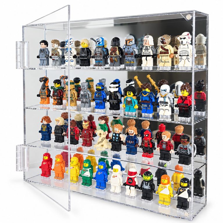 FigFortress clear acrylic display case with its front door open, mirrored back, and four rows of minifigures. Minifigures are not included.